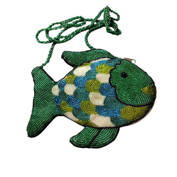 Handbags - Beaded Fish Shape Zippered Crossbody Purse Novelty Colorful Fun Green/Blue